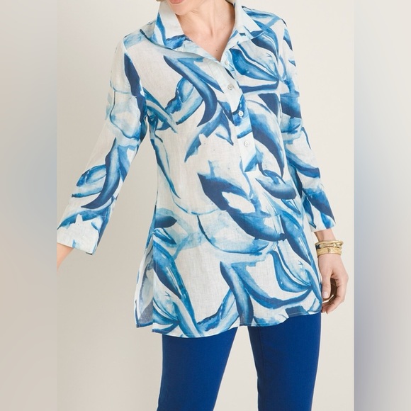 Chico’s 100% Linen Tunic Blue Leaf Print in size 16 - Picture 3 of 8